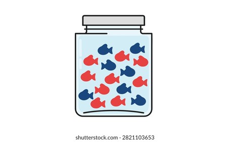 Clear glass jar filled with a collection of small blue and red fish figures swimming inside.