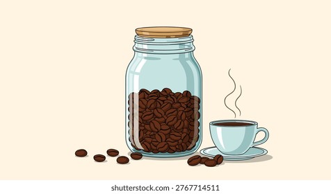 Clear glass jar filled with roasted coffee beans next to a steaming white cup of coffee and scattered beans.