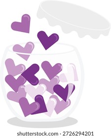 Um frasco de vidro transparente cheio de vários tons de corações roxos e violetas. A tampa é aberta quando os corações flutuam para cima, representando espalhar amor, bondade ou emoções positivas.