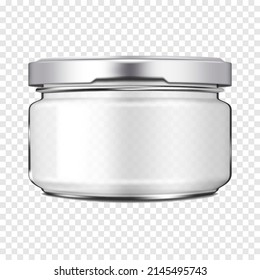 Clear glass jar with metal screw lid on transparent background, realistic vector mockup. Empty food or cosmetic product container. Template for design