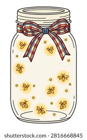 Clear glass mason jar containing glowing fireflies decorated with festive red white and blue checkered ribbon bow summer evening theme.