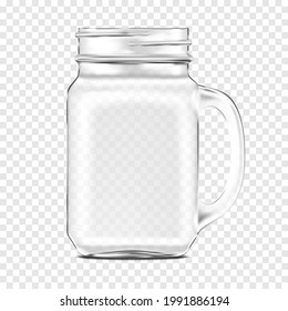 Clear glass mason jar with handle on transparent background, vector mockup. Empty drinking mug, realistic mock-up