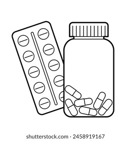 Clear glass medicine bottle with pills and pills blister. Isolated outline Illustration on white background.