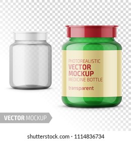 Clear glass medicine bottle with snap lid for tablets, pills, drugs. Photo-realistic packaging mockup template with sample design. Vector 3d illustration.