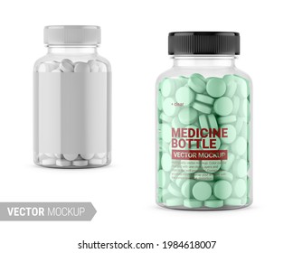 Clear glass medicine bottle with tablets, transparent on background. Contains accurate mesh to wrap your design with envelope distortion. Photo-realistic packaging vector mockup template with sample. - Shutterstock ID 1984618007