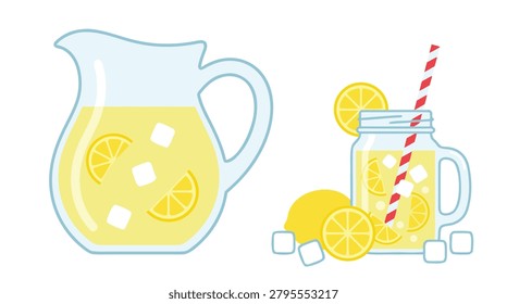 A clear glass pitcher filled with yellow lemonade, ice cubes, and lemon slices, next to a mason jar glass with a straw, ice, and lemon.