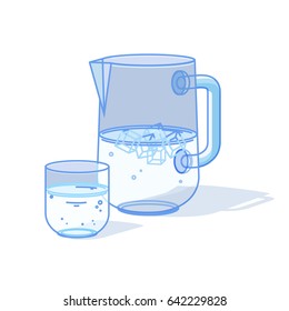 Clear Glass & Pitcher Of Water With Ice As Blue  Line Art.