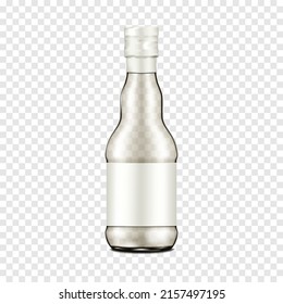 Clear glass or plastic bottle with blank white label on transparent background realistic vector mock-up. Ketchup, sauce, vinegar, cooking oil packaging mockup. Template for design