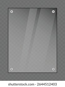 Placa de vidro transparente com parafusos no fundo transparente para o design da tela. Ilustração vetorial de um painel de vidro limpo e moderno, perfeito para mostrar projetos e apresentações.