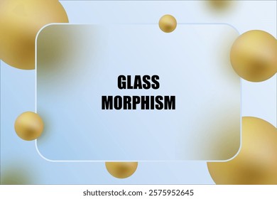 Clear glass rectangle with a blur effect with gold spheres on a blue gradient. Glass morphism banner template.