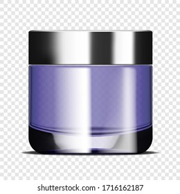 Clear glass round face cream jar on transparent background, realistic vector mockup. Cosmetic skin care product packaging, template for design