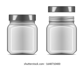 Clear glass square jar with closed and open screw lid isolated on white background, vector mockup. Food or cosmetic product packaging, realistic illustration.