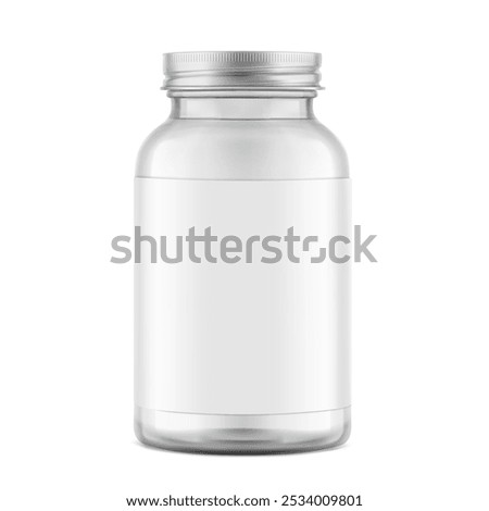 Clear glass wide mount bottle with screw cap and label mockup for treats, vitamins, supplements isolated on white background. Vector illustration. Ready for your design. EPS10.	
