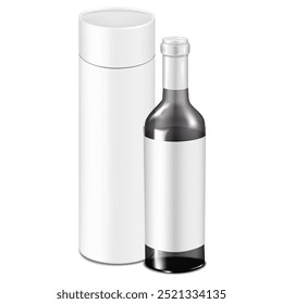 Botella de vino de vidrio transparente con etiqueta en blanco y caja de cilindro de tubo de cartón blanco con tapa de elevación separada. Maqueta de Vector 3D. Empaquetado del tenedor de la bebida del regalo. Maqueta realista. Plantilla para el diseño