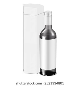 Garrafa de vinho de vidro transparente com rótulo em branco e caixa de hexágono alta de papelão branco com tampa de levantamento separada. mock-up de vetor 3d. Embalagem do suporte da bebida do presente. Montagem realista. Modelo para design