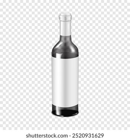 Garrafa de vinho de vidro transparente com rótulo branco em branco sobre fundo transparente. mock-up de vetor 3d. Embalagens para bebidas. Modelo realista