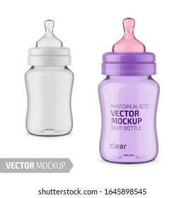 Clear Glossy Plastic Baby Feeding Bottle. Photo-realistic Packaging Mockup Template With Sample Design. Nipple And Bottle Are Transparent Over Background. Vector 3d Illustration.