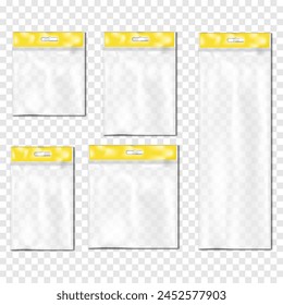 Clear glossy plastic bag with top insert label and euro slot hanger. Vector mock-up set. Transparent vinyl PVC pouch package with hanging hole. Various sizes mockup kit. Template for design