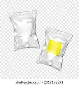 Bolsa de plástico transparente y brillante con cierre de cremallera y pegatina de etiqueta en blanco con simulación vectorial realista. Mochila de plástico de PVC de cremallera transparente. Plantilla para el diseño