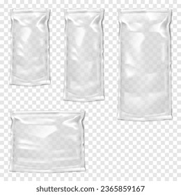 Clear glossy plastic bag with zip lock vector mock-up set. Empty blank transparent vinyl zipper stand-up pouch package. Various sizes mockup kit. Template for design