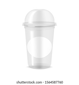 Clear glossy plastic cup with blank round label sticker, vector mock-up.  Empty to go beverage mug with dome lid, mockup.