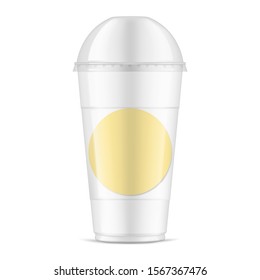 Clear glossy plastic cup with dome lid and blank round label sticker, vector mockup. Empty disposable takeaway drink container, vector template for brand design.