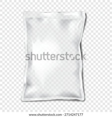 Clear glossy plastic pillow bag. Realistic 3d mockup. Vacuum sealed blank empty transparent pouch package. Vector mock-up. Rectangle sachet packaging. Template for design