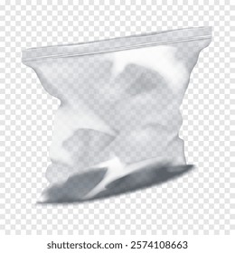 Clear glossy plastic pouch with zip lock. Realistic 3d vector mockup. Transparent empty zipper PVC package. Mock-up. Ziplock resealable vinyl poly bag. Template for design