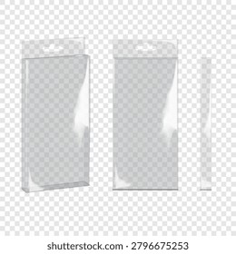 Clear glossy rectangle plastic box with tuck-in flap, euro slot hang tab. Front, side view. 3d mockup. Hanging transparent PVC container package. Realistic vector mock-up. Template for design