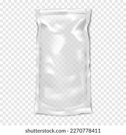 Clear glossy resealable plastic bag with zip lock on transparent background vector mock-up. Empty blank zipper stand-up pouch realistic mockup. Template for design