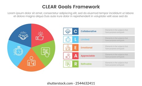 ANUNCIO de Plantilla de infografía de marco de objetivos CLAROS con diagrama circular circular círculo grande y rectángulo descripción con 5 información de lista de puntos para presentación de diapositivas Vector