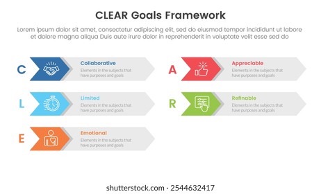 CLEAR goals framework infographic template banner with arrow on rectangle box right direction with 5 point list information for slide presentation vector