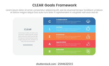 CLEAR goals framework infographic template banner with big round rectangle box and vertical point stack with 5 point list information for slide presentation vector