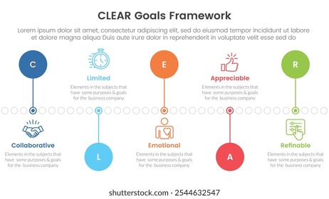 ANUNCIO de Plantilla de infografía de marco de objetivos CLAROS con línea de tiempo Punto circular arriba y abajo con información de lista de 5 puntos para el Vector de presentación de diapositivas
