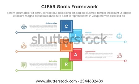 CLEAR goals framework infographic template banner with vertical timeline shape square shape with line bottom with 5 point list information for slide presentation vector