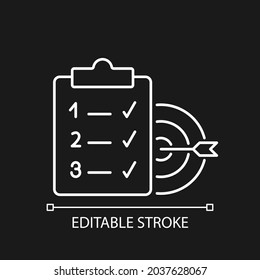 Clear goals white linear icon for dark theme. Reach realistic goal step by step within timeline. Thin line customizable illustration. Isolated vector contour symbol for night mode. Editable stroke