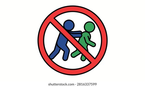 A clear graphic illustration depicting a red prohibition sign over two stick figures, one blue pushing a green one, symbolizing no pushing, no bullying, or no violence.
