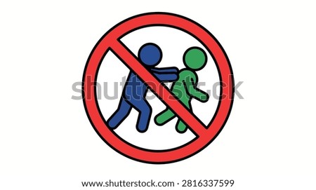 A clear graphic illustration depicting a red prohibition sign over two stick figures, one blue pushing a green one, symbolizing no pushing, no bullying, or no violence.