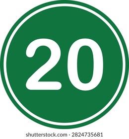 A clear graphic illustration of a green circular sign featuring the number 20 in white, edged with a thin white border. Represents a route marker or numerical indicator.