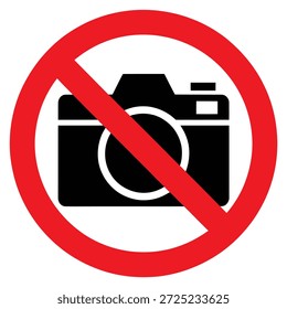 A clear graphic illustration of a red circle with a diagonal red line crossing over a black camera icon signifying no photography is allowed isolated on a white background