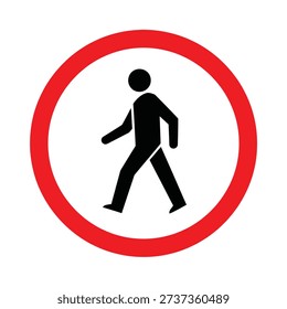 A clear, graphic image of a pedestrian walking silhouette within a bold red circular border on a white background, indicating a specific traffic or pedestrian rule.