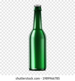 Clear green glass bottle with cap on transparent background, vector mockup. Packaging for water, beer, soda and other drinks, template