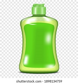 Clear green plastic bottle with screw flip top cap and blank label on transparent background, vector mockup. Liquid soap, dishwashing liquid. Template for design.