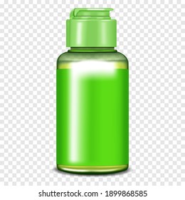 Clear green plastic bottle with screw flip top cap and blank label on transparent background, vector mockup. Template for design.