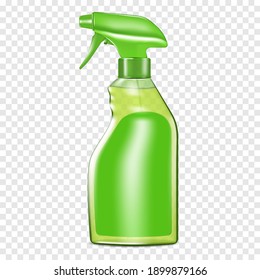 Clear Green Plastic Mist Spray Bottle With Blank Label On Transparent Background, Vector Mockup. Water Spraying Container. Trigger Pump Sprayer. Template For Design.