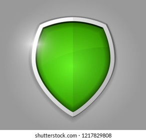 Clear green realistic shining shield icon. Defense, safety, privacy, security, safeguard or antivirus concept. Vector illustration