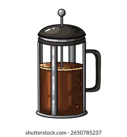Ilustração de doodle desenhada à mão clara de uma cafeteira de imprensa francesa clássica preenchida com café recém-fabricado. Charme arte digital perfeito para ilustrar a cerveja caseira, café essenciais e cont