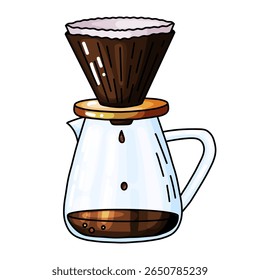 Ilustração de doodle desenhada à mão clara de um derramamento sobre cafeteira completa com um filtro e gotejamento de café em uma carafe de vidro. Arte digital perfeita para mostrar métodos artesanais de fabricação de café