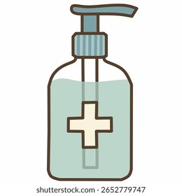 Uma garrafa de desinfetante para as mãos transparente com bomba. Um item de viagem essencial para a higiene e proteção contra vírus. Ideal para conteúdo médico, de viagem ou de segurança.