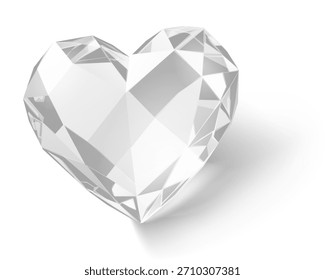 A clear heart-shaped diamond with multiple facets, casting a subtle shadow on a plain white background, rendered in a crisp, graphic style.